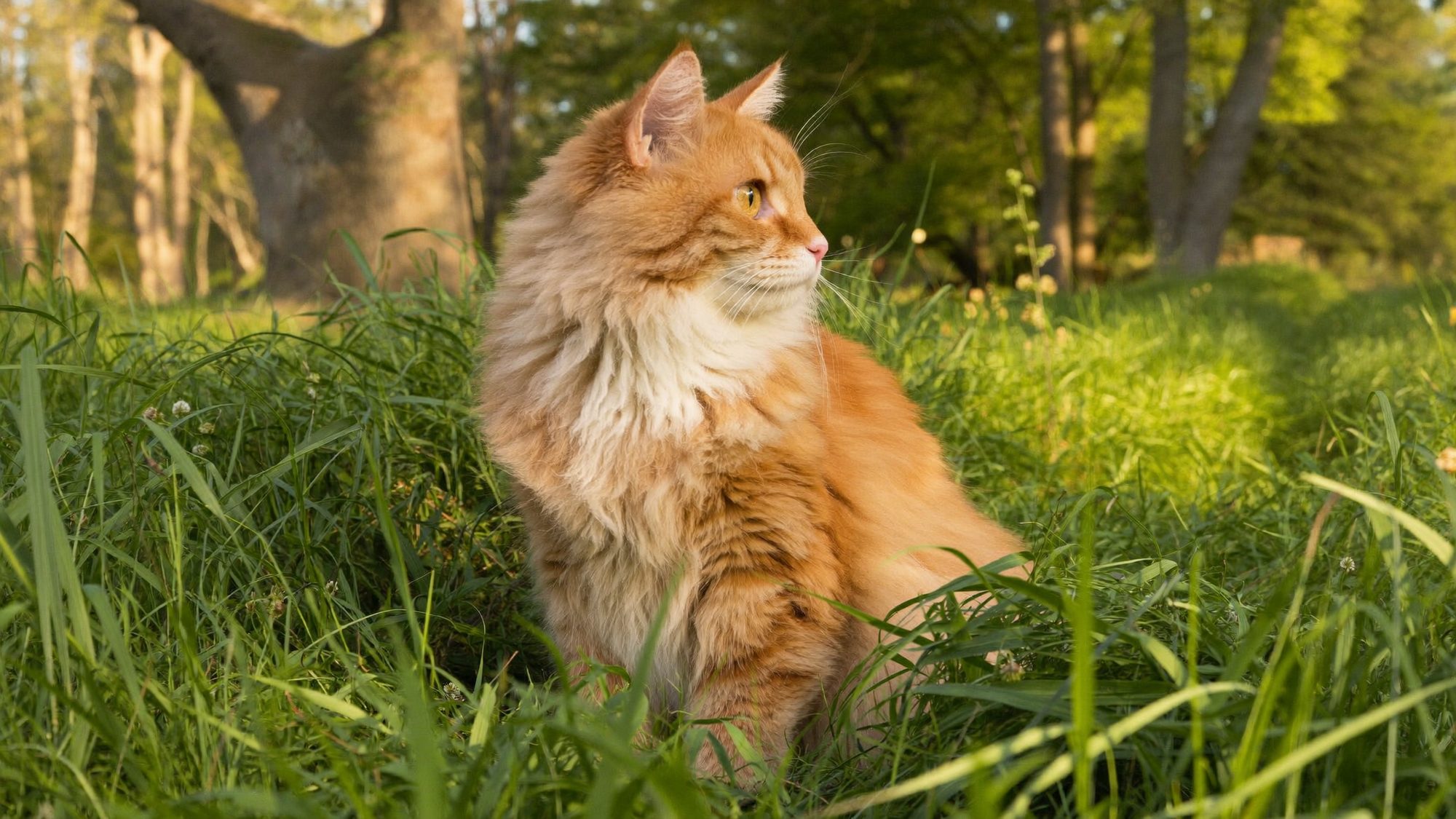 An orange long-haired cat sitting in sunlit grass