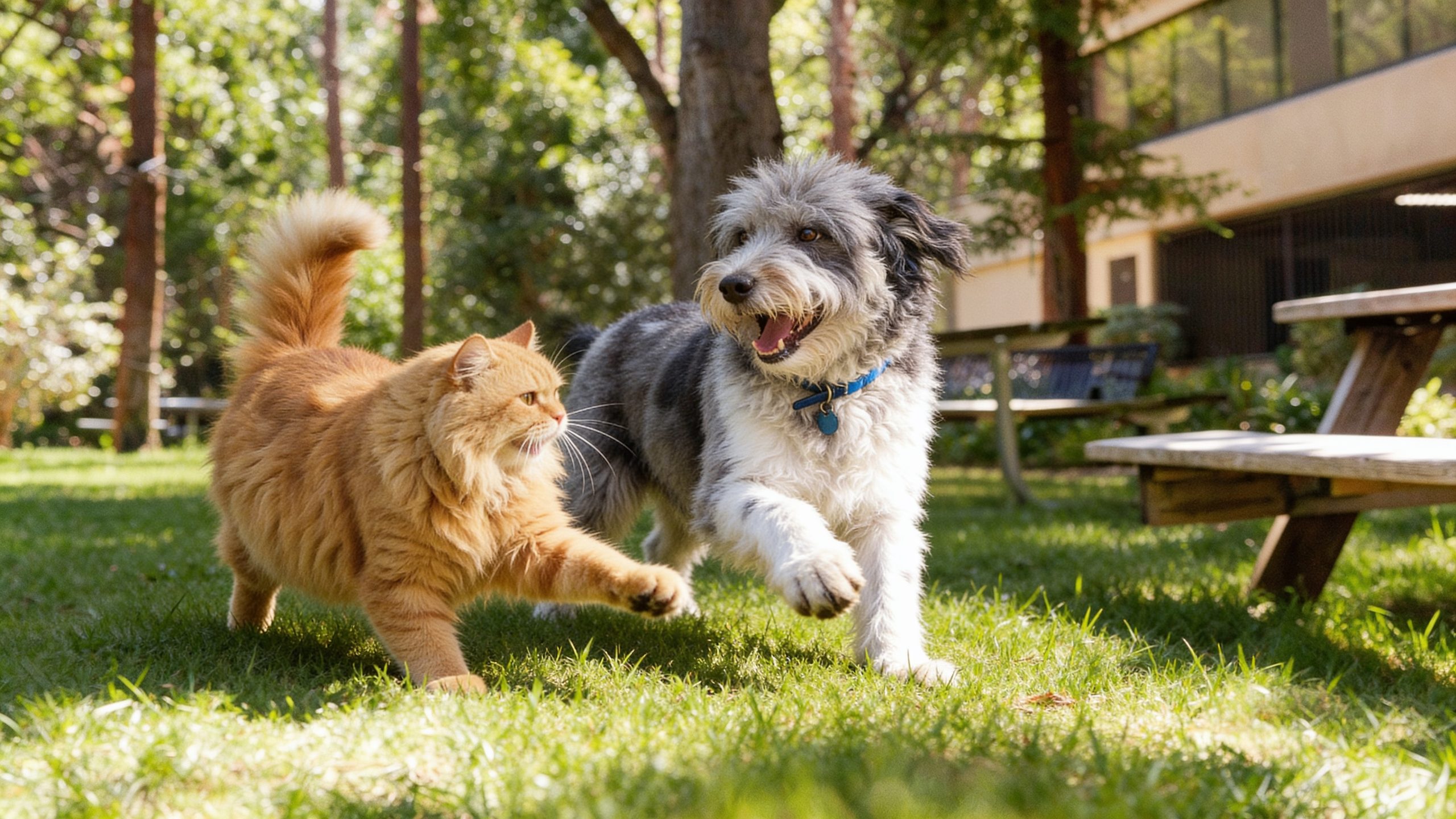 A cat and dog playing together in a sunny park